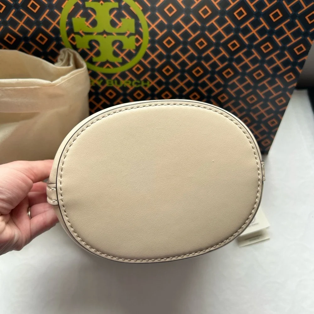 Tory Burch T Monogram Mini Bucket Bag Crossbody Bag Ivory Gold Cream White Tan